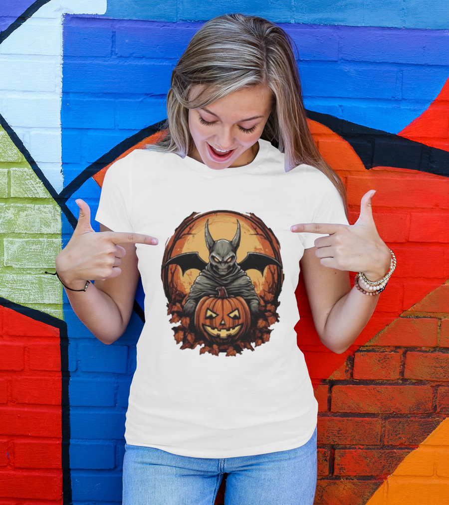 Bat Devil Pumpkin Halloween Moon Shadows T-Shirt
