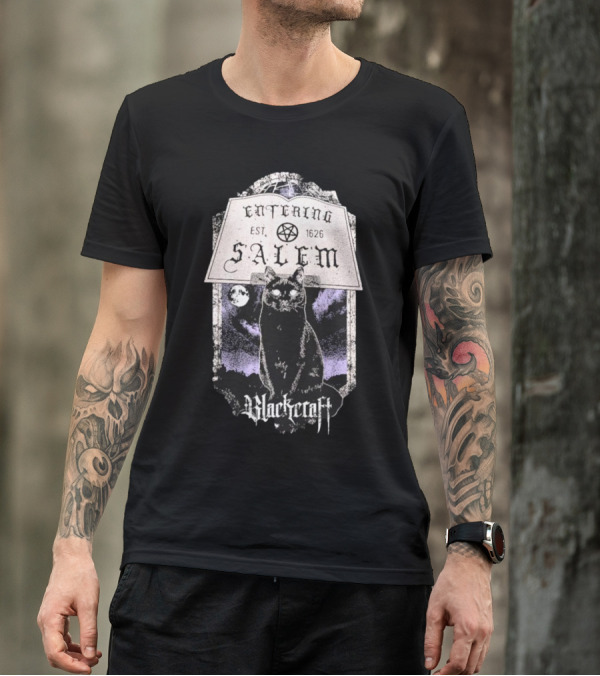 Blackcraft Cult Entering Salem Est. 1626 Black Cat And Crescent Moon Scene T-Shirt
