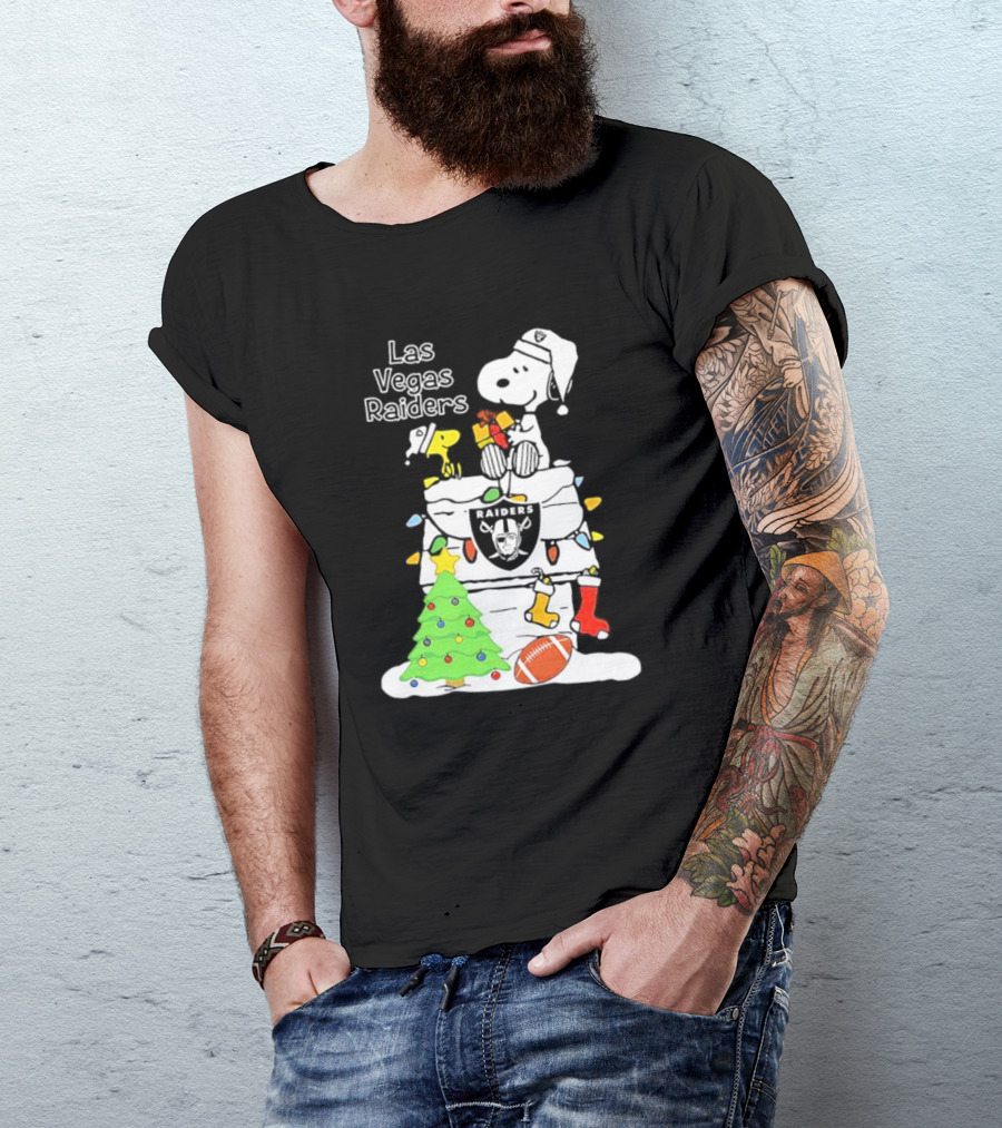 Las Vegas Raiders NFL Christmas Snoopy And Woodstock With Tree And Football T-Shirt