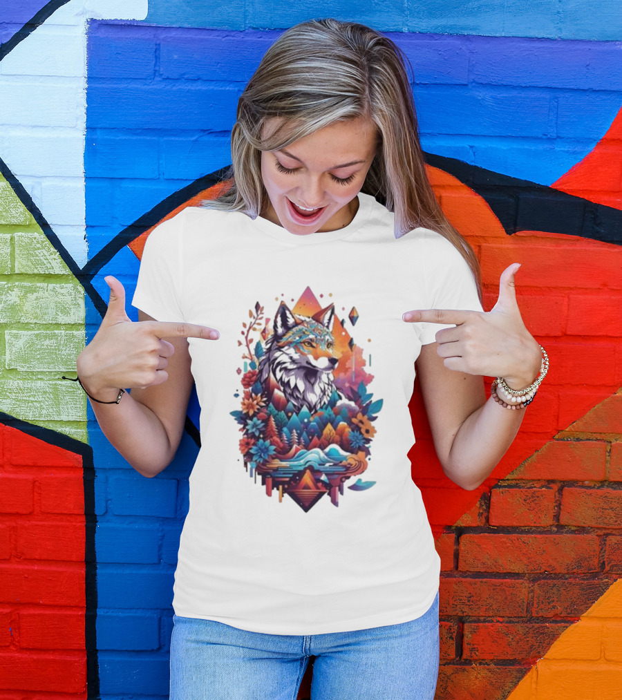 Colorful Geometric Wolf With Mountains And Flowers T-Shirt