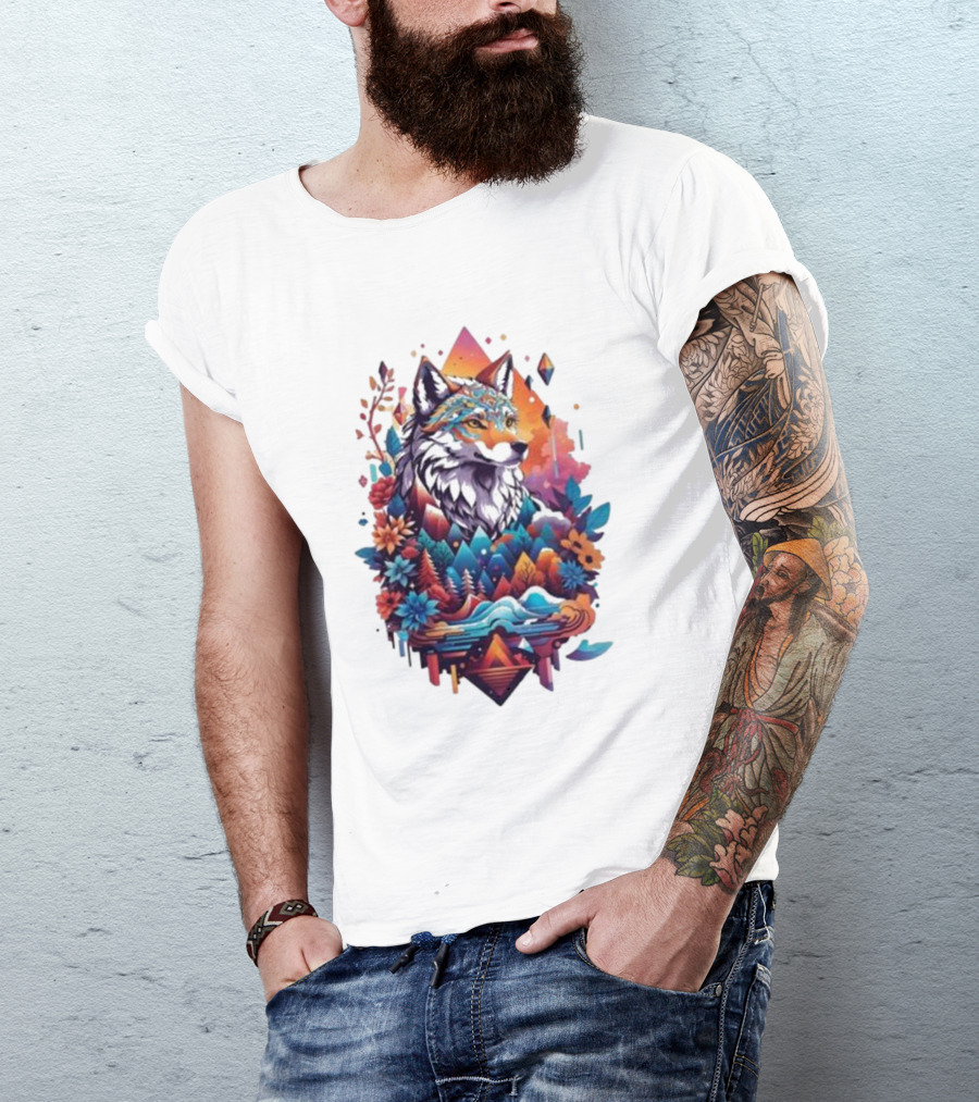 Colorful Geometric Wolf With Mountains And Flowers T-Shirt