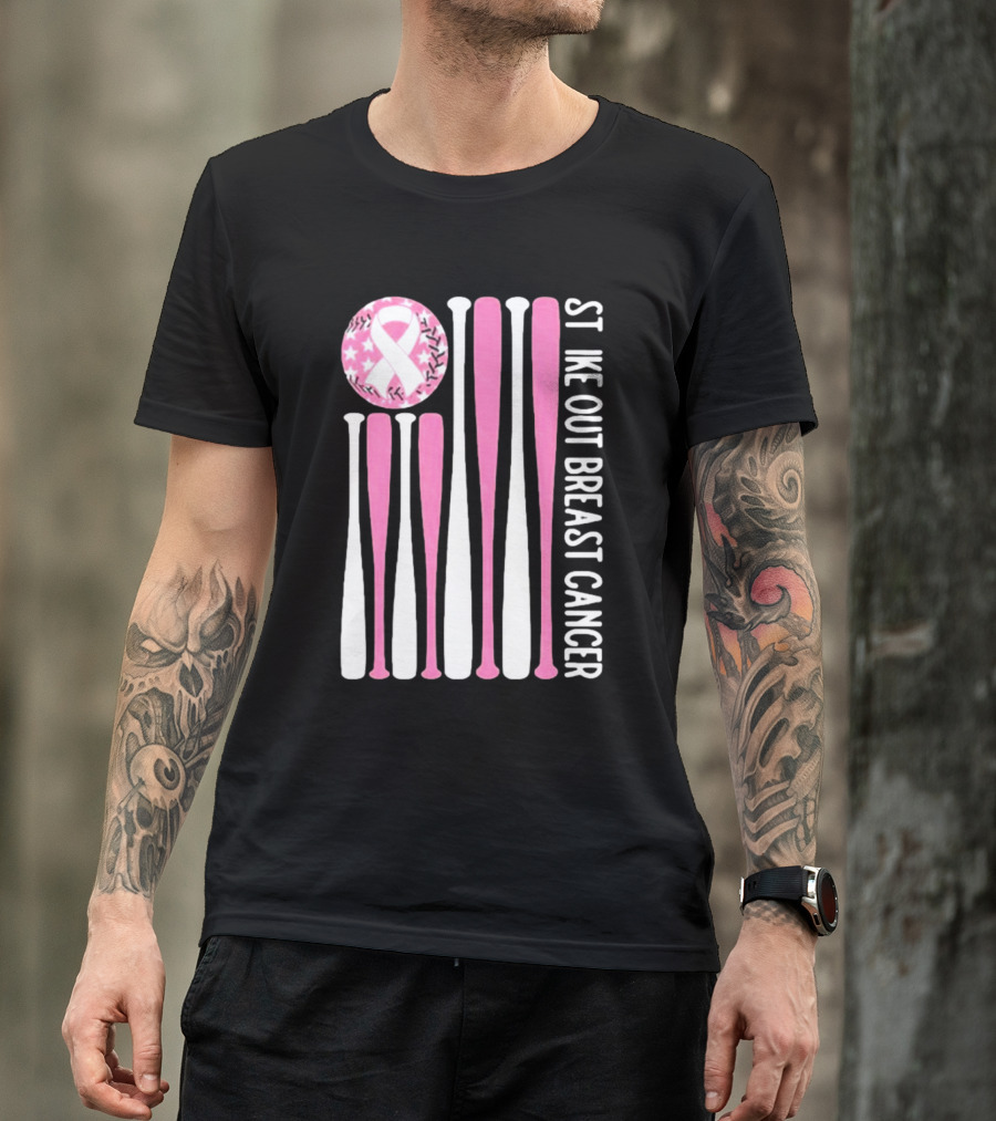 Strike Out Breast Cancer Baseball Pink Ribbon American Flag T-Shirt