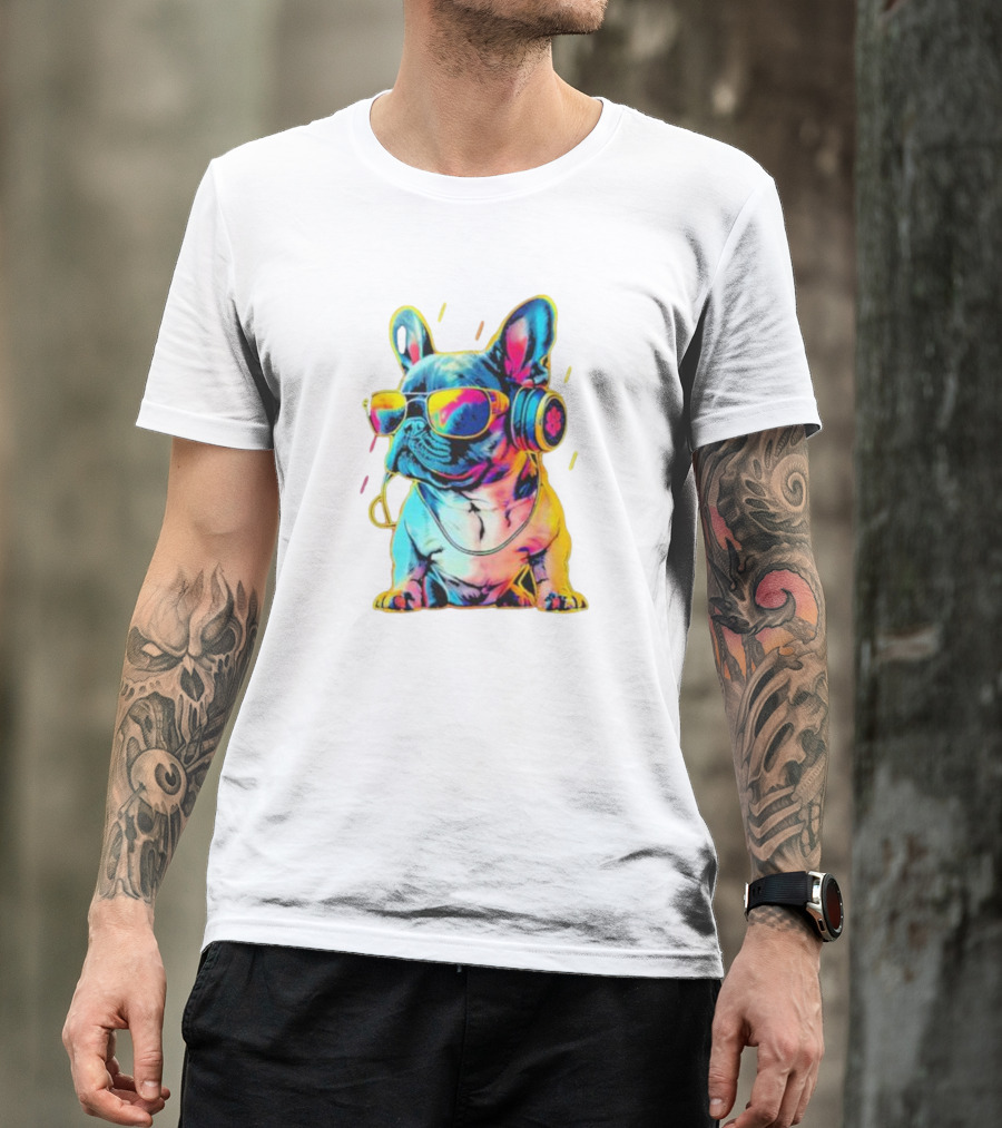 Bulldog Neon Headphones Vibrant Colors T-Shirt