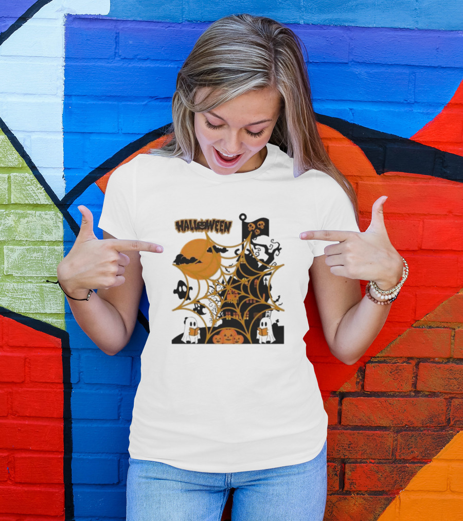 Halloween Spider Web Castle Moon Ghosts Pumpkins T-Shirt
