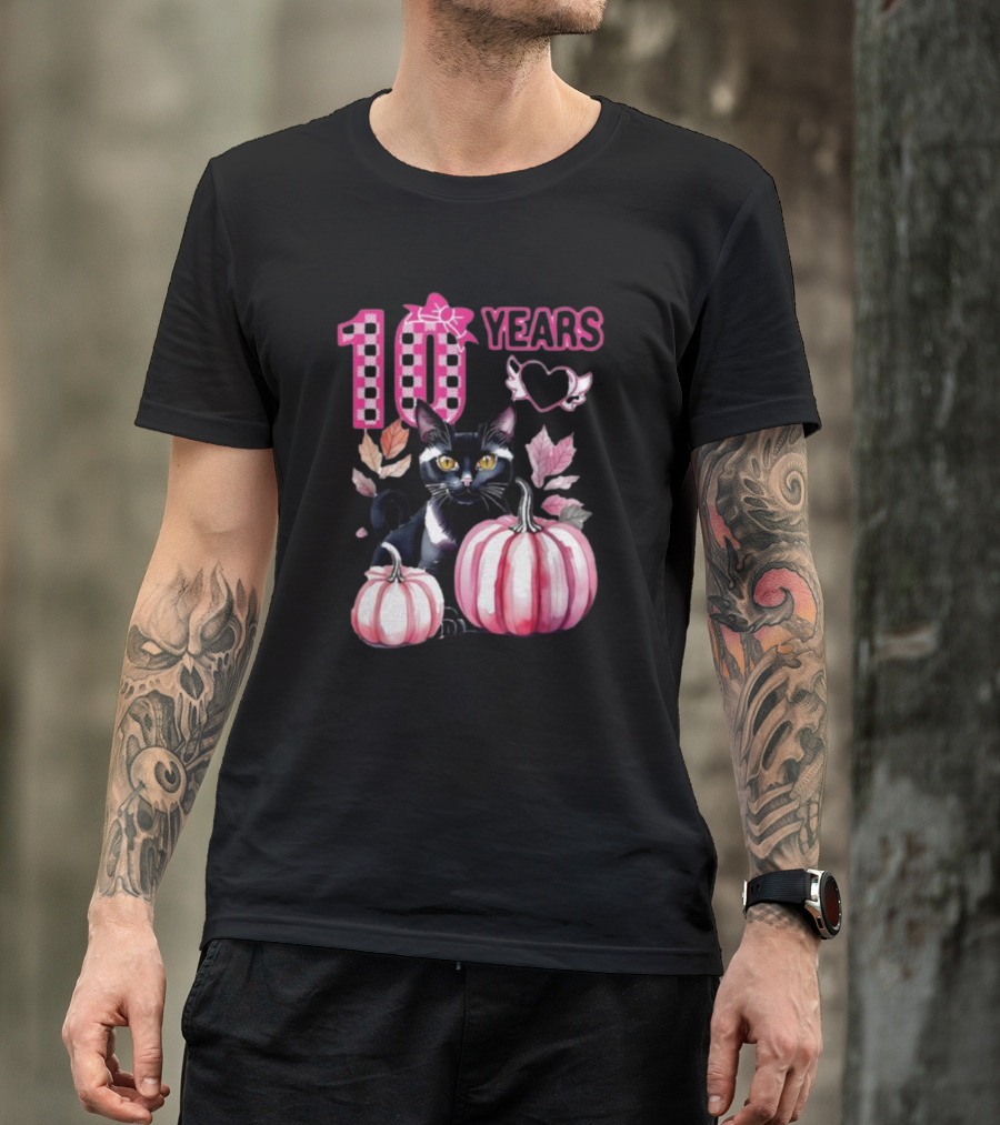 10 Years Black Cat Pink Pumpkin Birthday T-Shirt