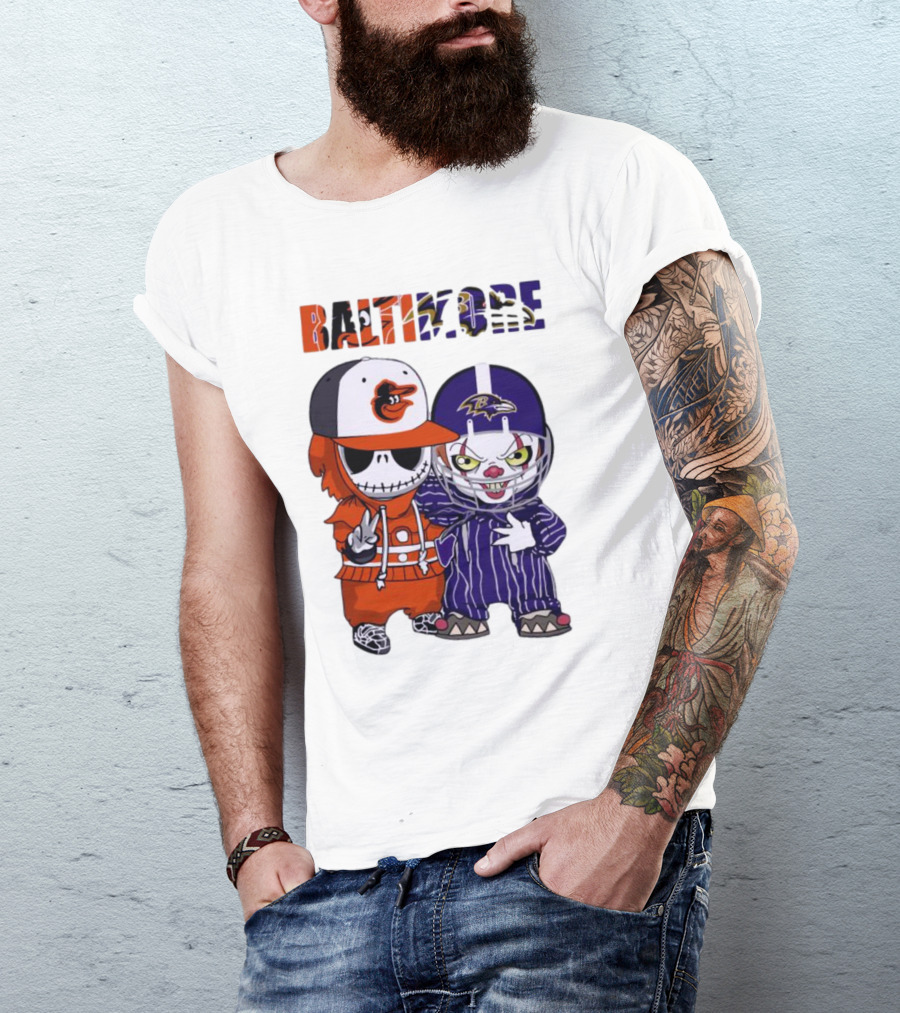 Baby Jack Skellington Pennywise Mashup Baltimore Orioles Ravens Halloween T-Shirt