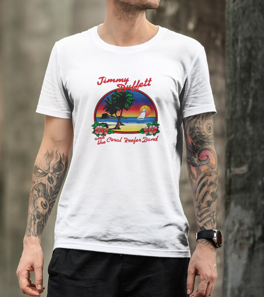 Jimmy Buffett And The Coral Reefer Band 1981 Coconut Telegraph Tour Vintage Island Sunset Scene T-Shirt