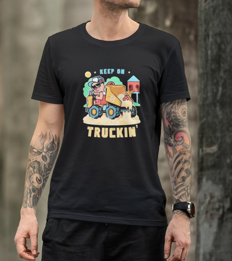 Keep On Truckin’ Cartoon Dog Driving Dump Truck With Doghouse And Sun T-Shirt