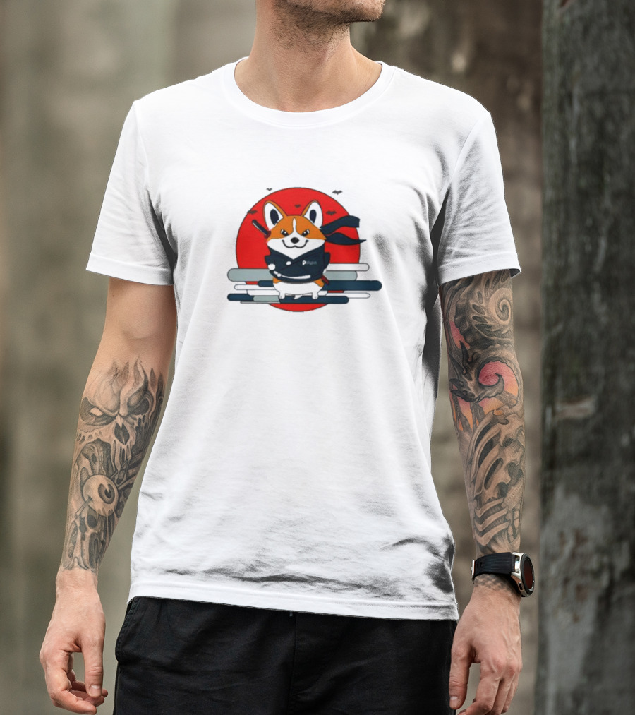Ninja Corgi Red Sun With Bats T-Shirt