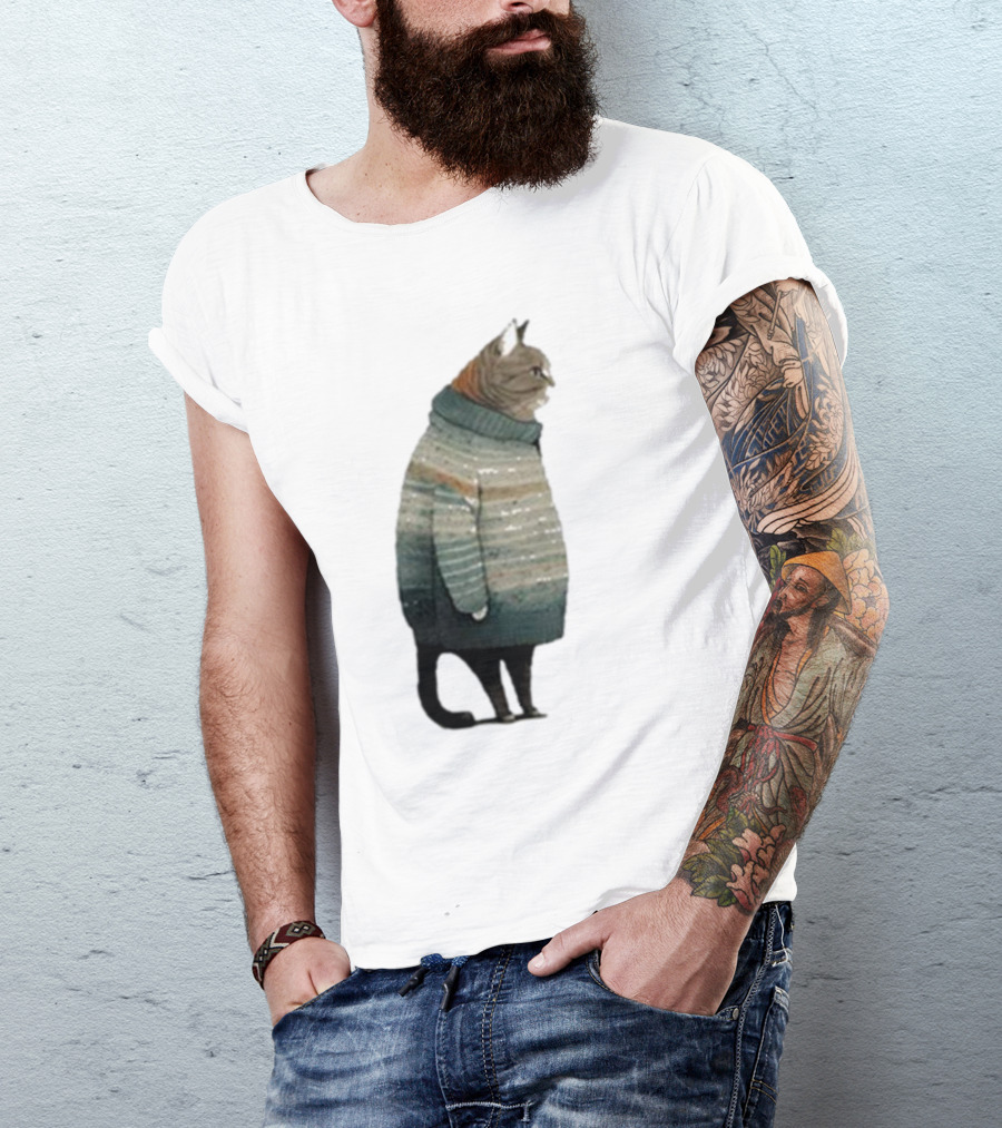 Women’s Winter Cat In Cozy Sweater Print T-Shirt