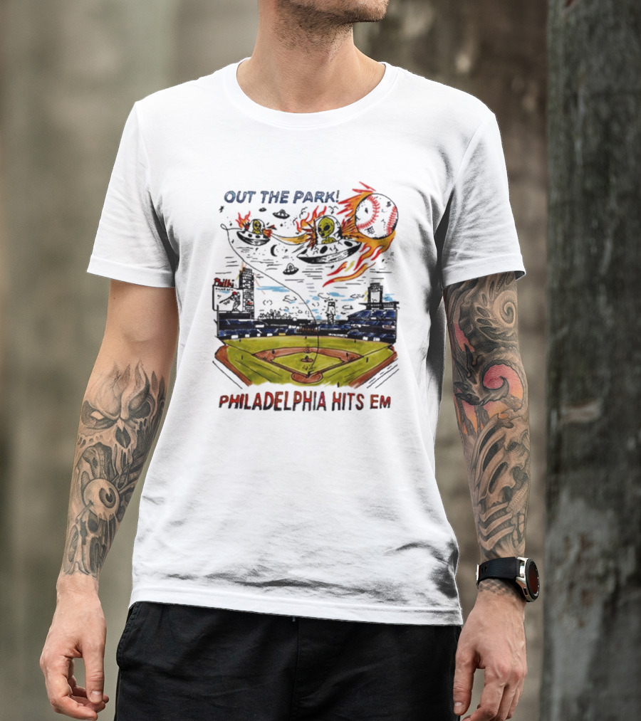 Out The Park Philadelphia Hits 'Em Alien Baseball Explosion T-Shirt