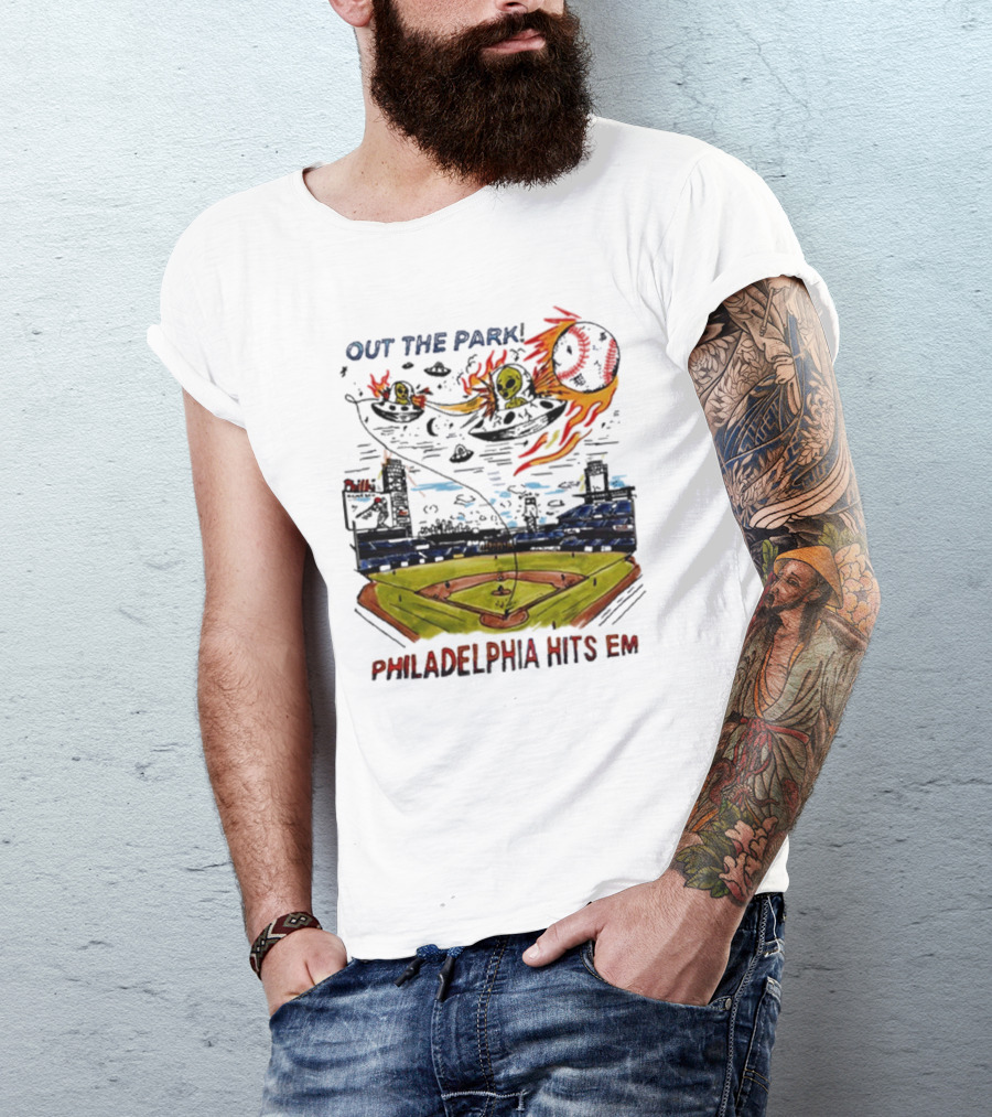Out The Park Philadelphia Hits 'Em Alien Baseball Explosion T-Shirt
