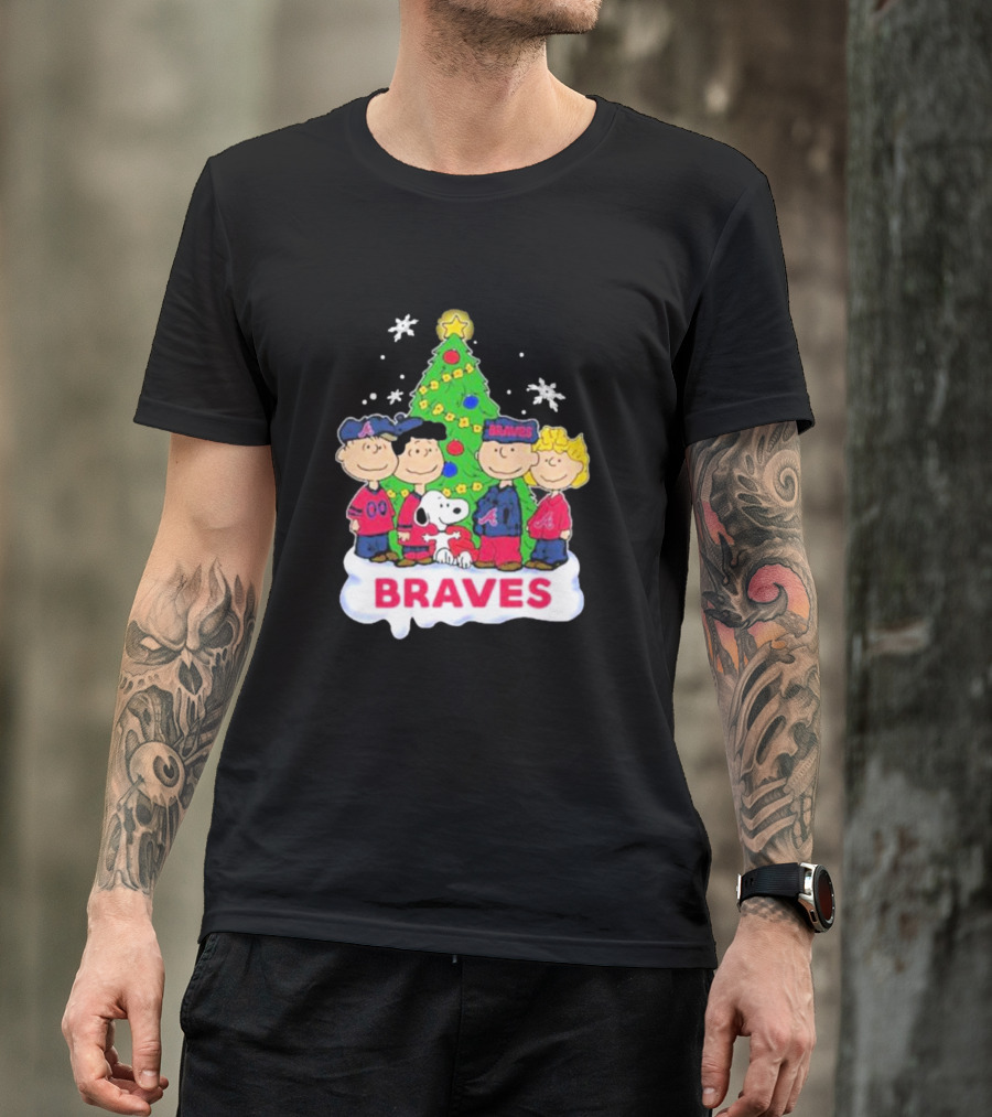 Braves Peanuts Snoopy Christmas Tree Charlie Brown Lucy Linus Woodstock T-Shirt