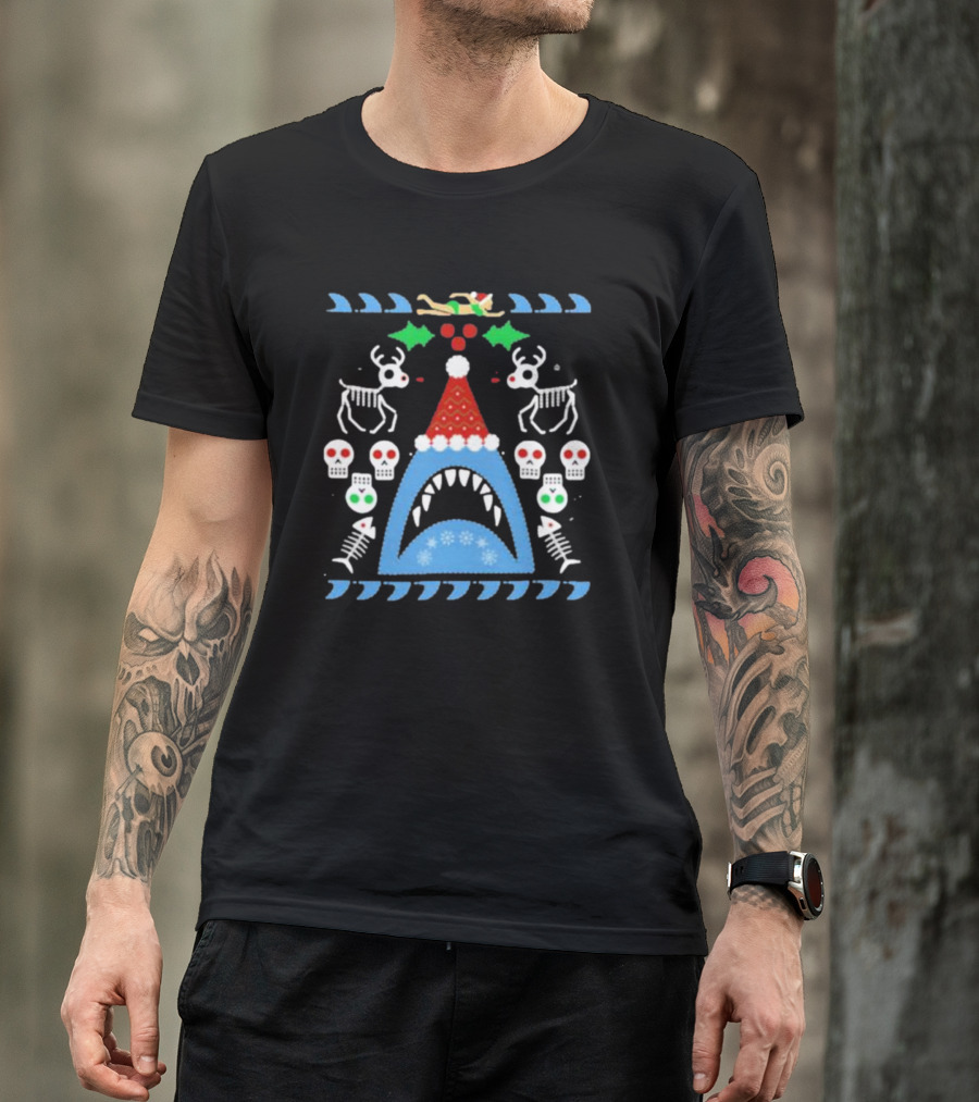 Santa Jaws Ugly Christmas Sweater With Shark, Skeleton Reindeer, And Skulls T-Shirt