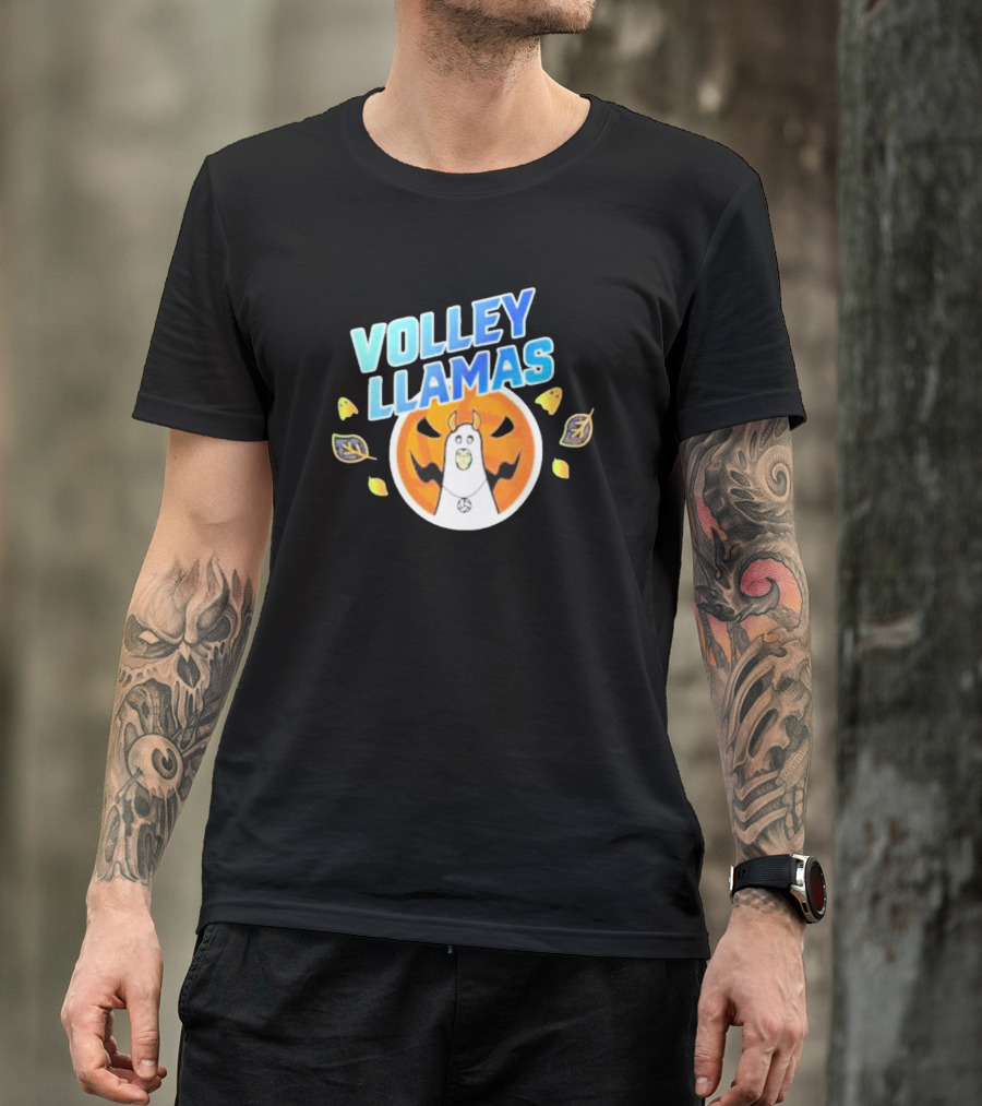 Volley Llamas With Pumpkin And Autumn Leaves T-Shirt