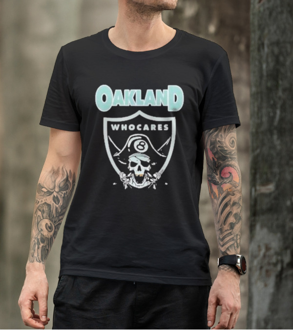 Oakland Who Cares 8 Pirate Skull Shield T-Shirt