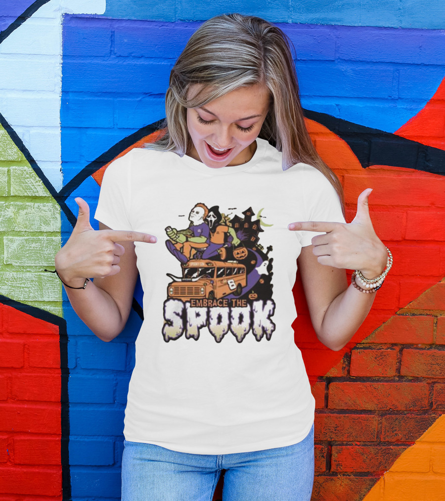 Embrace The Spook Bus With Horror Characters And Haunted House T-Shirt