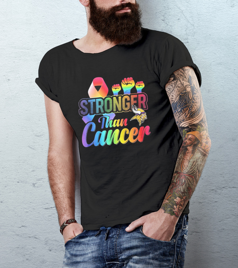 Minnesota Vikings Stronger Than Cancer With Rainbow Ribbon And Fists T-Shirt