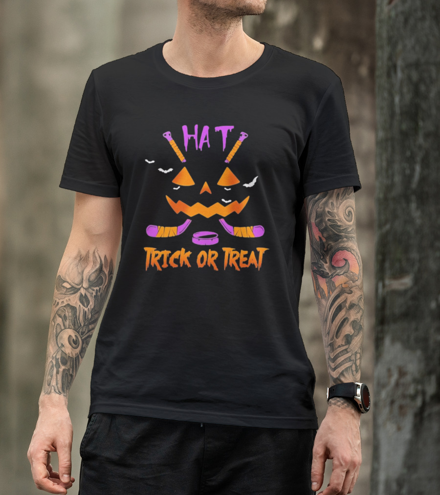 Hockey Hat Trick Or Treat Halloween Pumpkin With Hockey Sticks T-Shirt