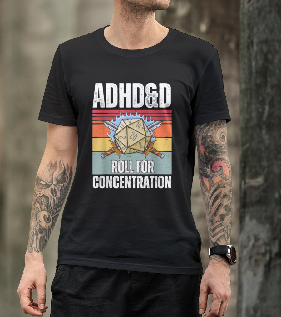 ADHD&D Roll For Concentration Retro Dice Sword Gamer T-Shirt