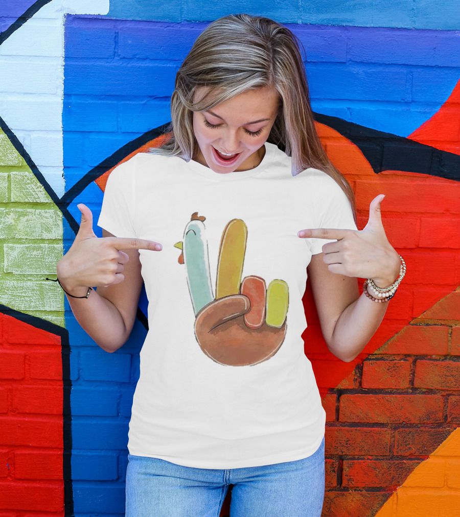 Thanksgiving Hand Gesture Cute Turkey Peace Sign Holiday Fun T-Shirt