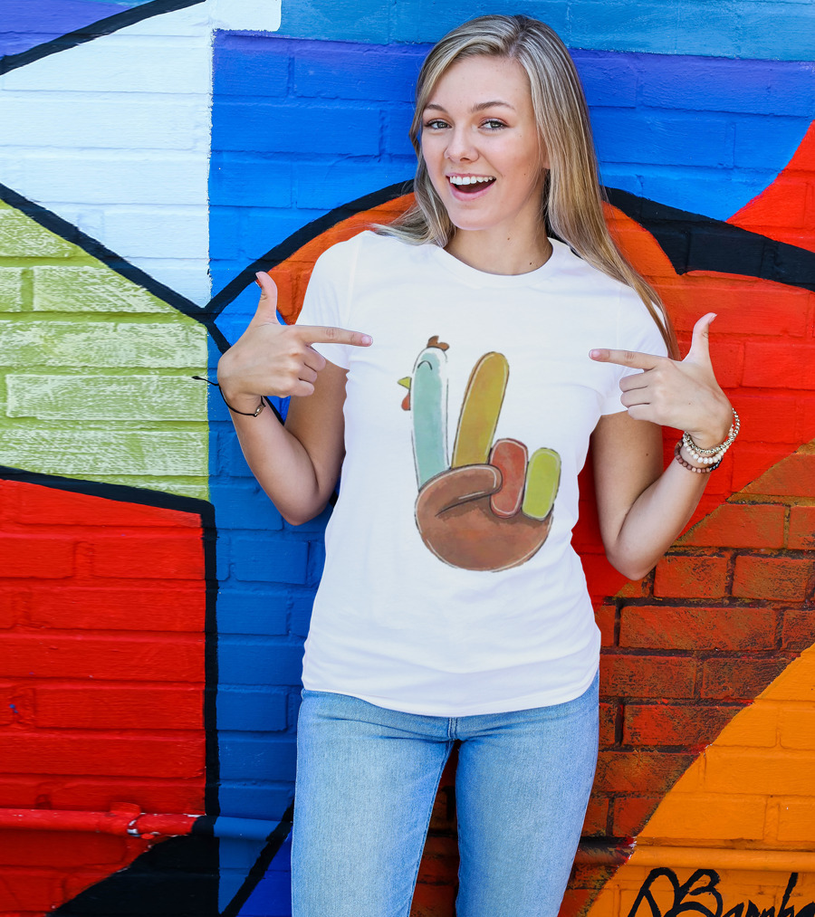 Thanksgiving Hand Gesture Cute Turkey Peace Sign Holiday Fun T-Shirt