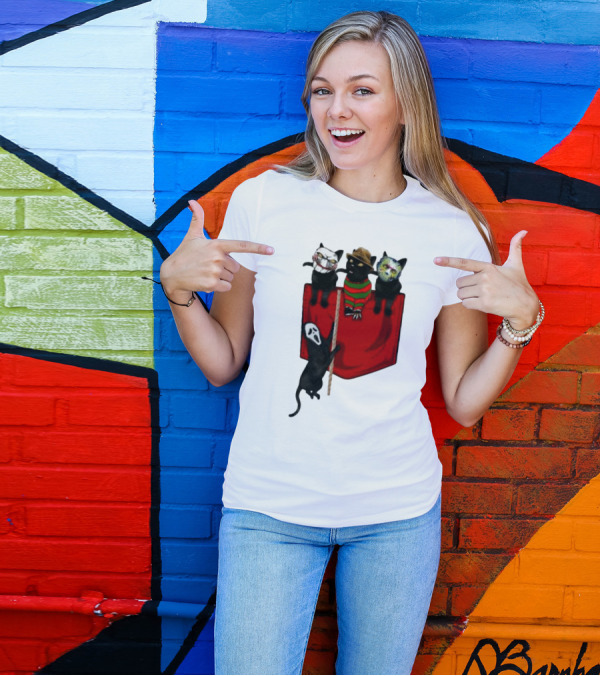 Cat Cosplay Horror Movie Characters Trick Or Treat Freddy Krueger Jason Voorhees Scream Happy Halloween T-Shirt