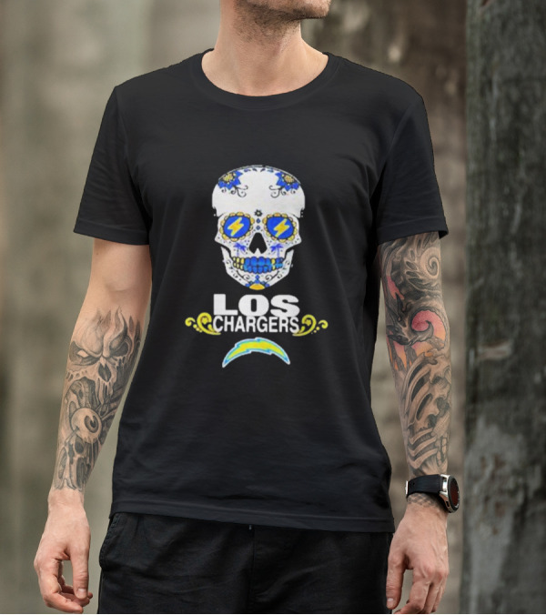Los Angeles Chargers Sugar Skull Blue Yellow Lightning T-Shirt