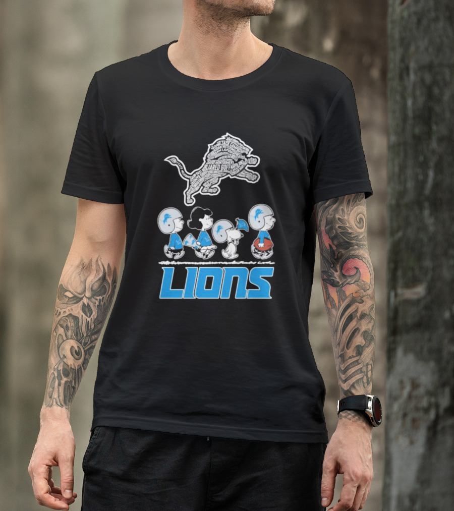 Peanuts Characters Walking Detroit Lions Jared Goff T-Shirt