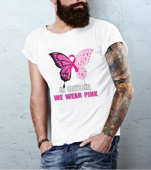 In October We Wear Pink Butterfly Ribbon Breast Cancer Awareness T-Shirt