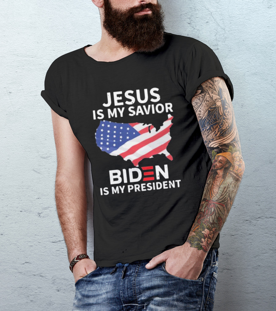 Jesus Is My Savior Biden Is My President USA Flag Map T-Shirt