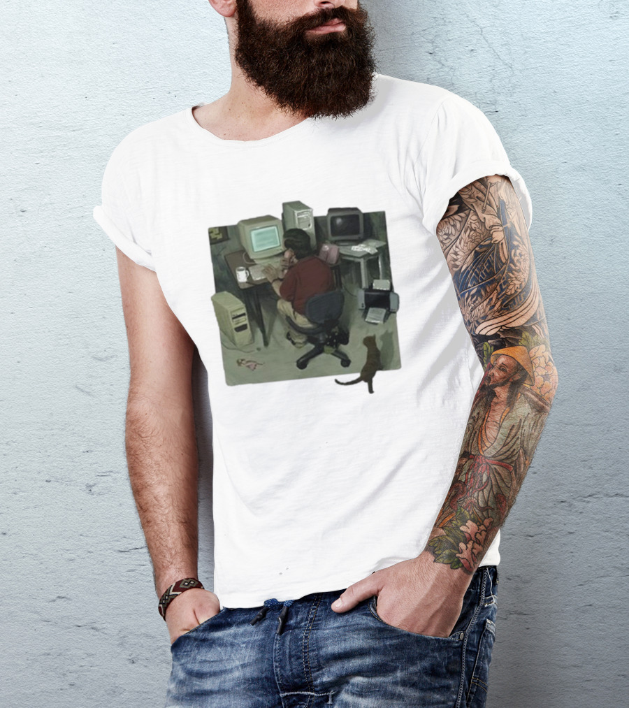 Ollie Jones Freelancer At Computer With Cat In Home Office Scene T-Shirt