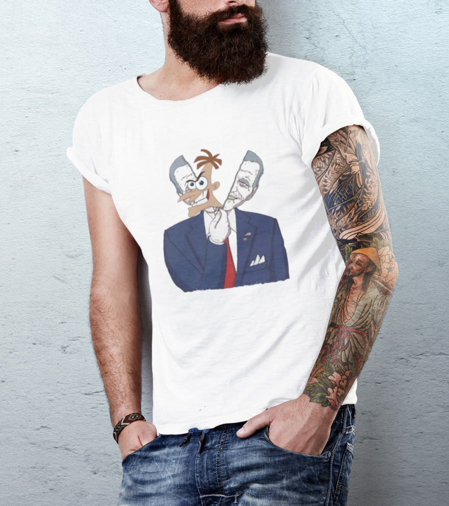 Joe Biden Dr. Doofenshmirtz Mask Illusion Suit Red Tie American Flag T-Shirt