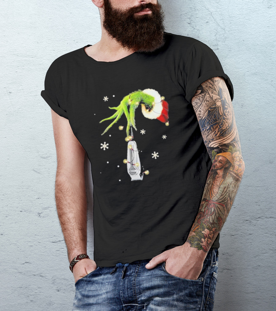 Grinch Christmas Hand Holding Clipper Snowflakes Santa Hat T-Shirt