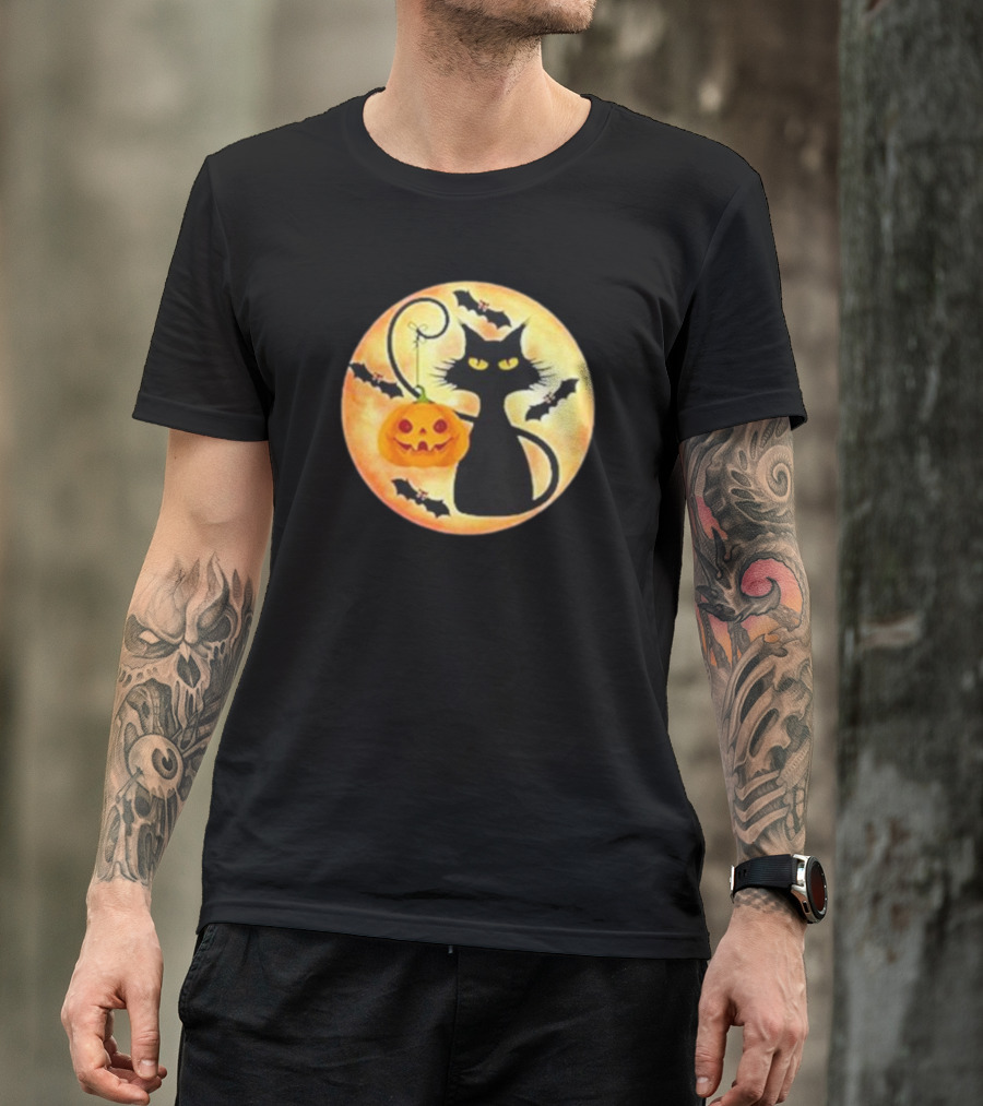 Funny Pumpkin Black Cat Halloween Witch Bat Moon T-Shirt