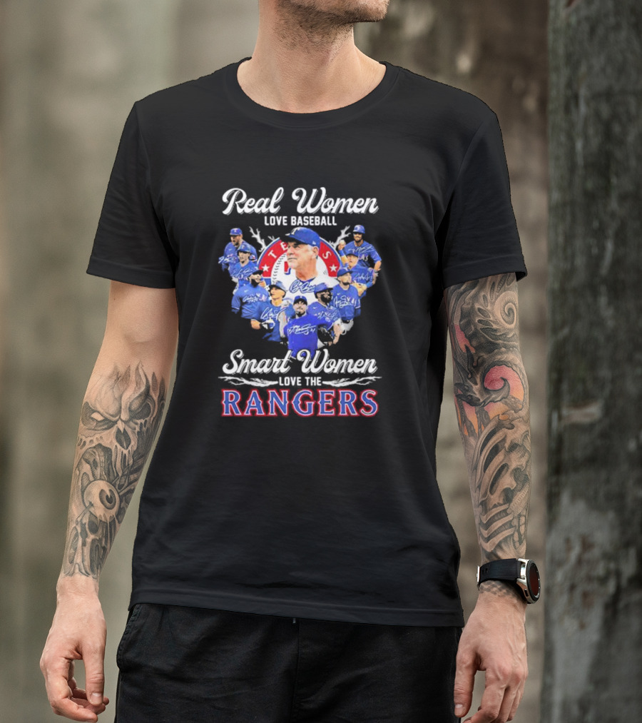 Real Women Love Baseball Smart Women Love The Texas Rangers Team Montage T-Shirt
