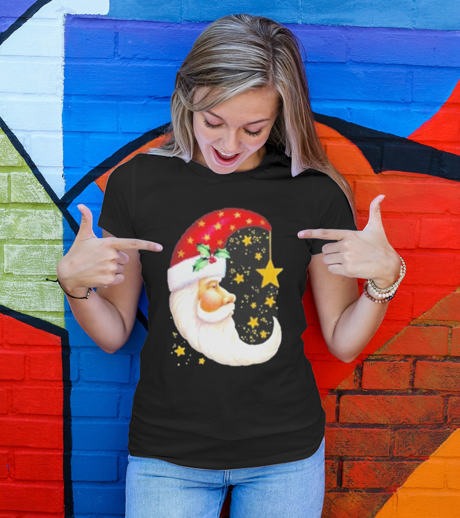 Christmas Santa Crescent Moon Starry Hat Print Crew Neck T-Shirt
