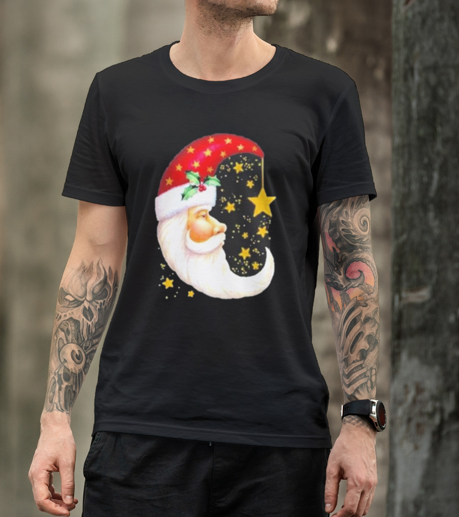 Christmas Santa Crescent Moon Starry Hat Print Crew Neck T-Shirt