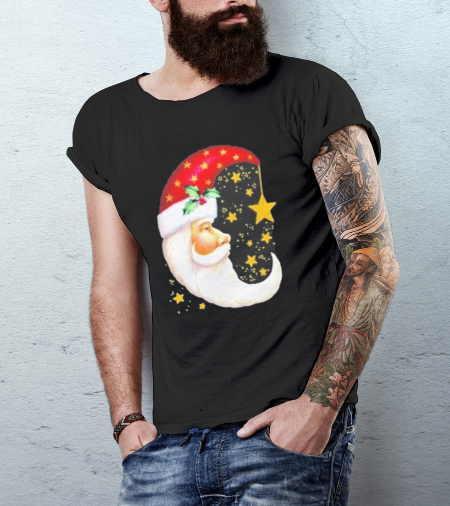 Christmas Santa Crescent Moon Starry Hat Print Crew Neck T-Shirt
