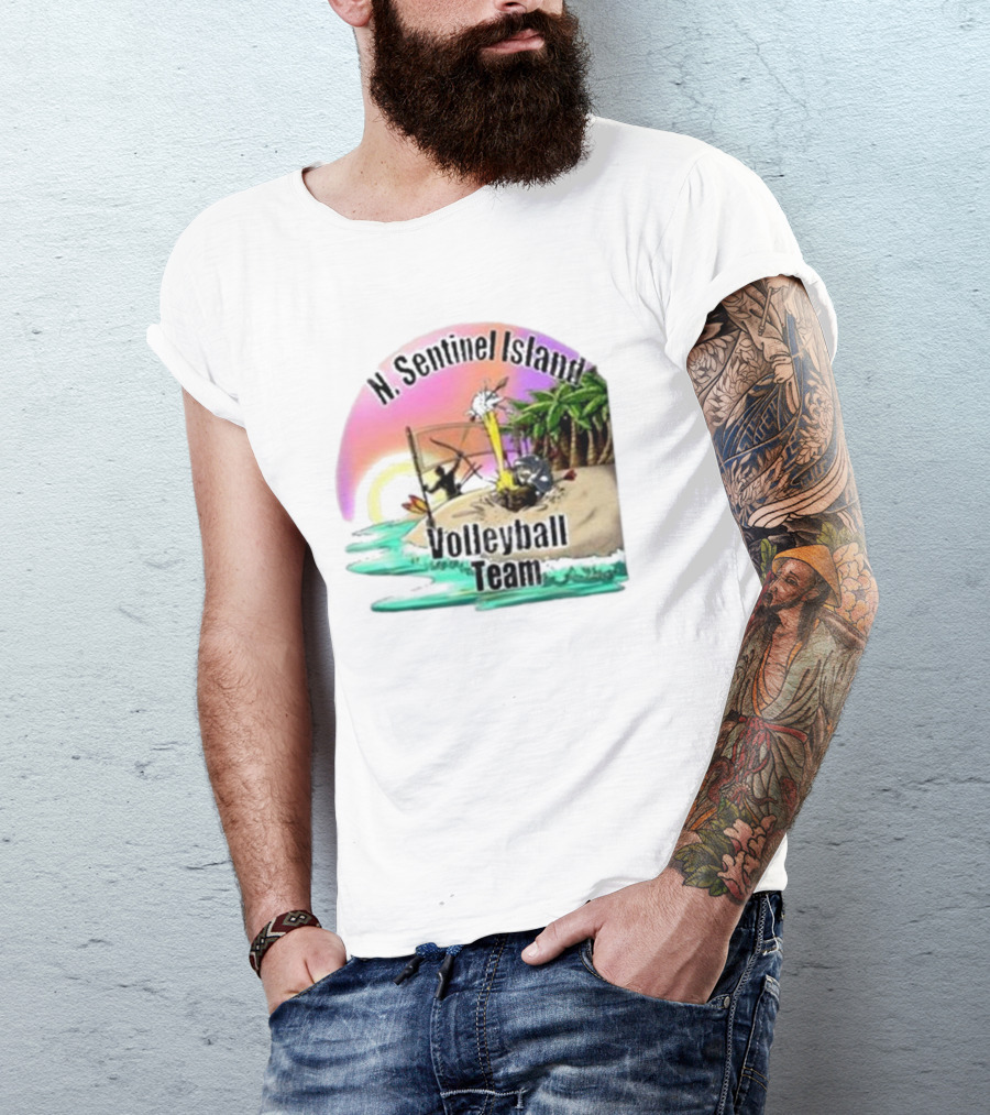 N. Sentinel Island Volleyball Team Sunset Beach Scene With Palms T-Shirt