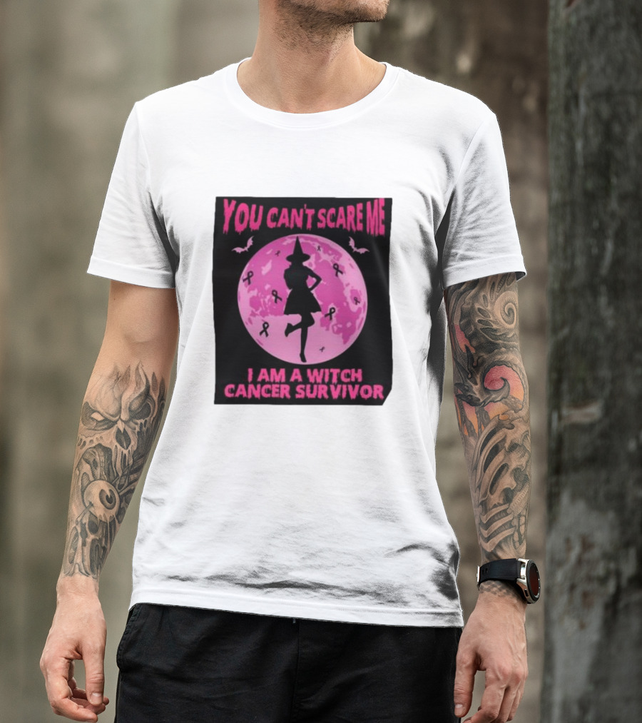 You Can’t Scare Me I Am A Witch Cancer Survivor Pink Moon Bats Ribbons T-Shirt