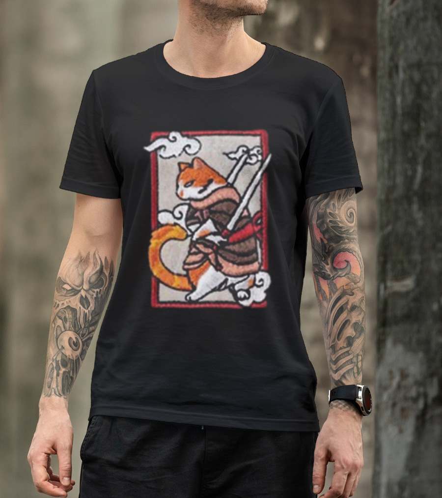 Loky Rain Loky Samurai Cat In Traditional Armor With Swords And Clouds T-Shirt