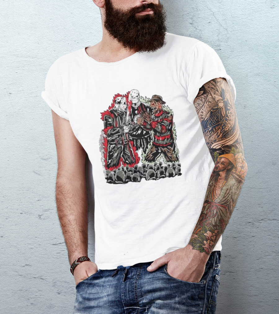 Violent Faceoff Horror Icons Showdown Freddy Krueger Vs Jason Voorhees In Front Of Crowd T-Shirt