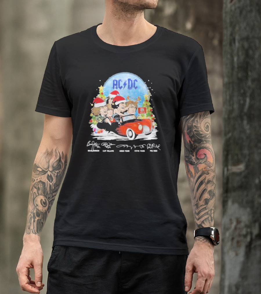 ACDC Band Members In Santa Hats Merry Christmas Signatures On Car With Highway To Hell Sign T-Shirt