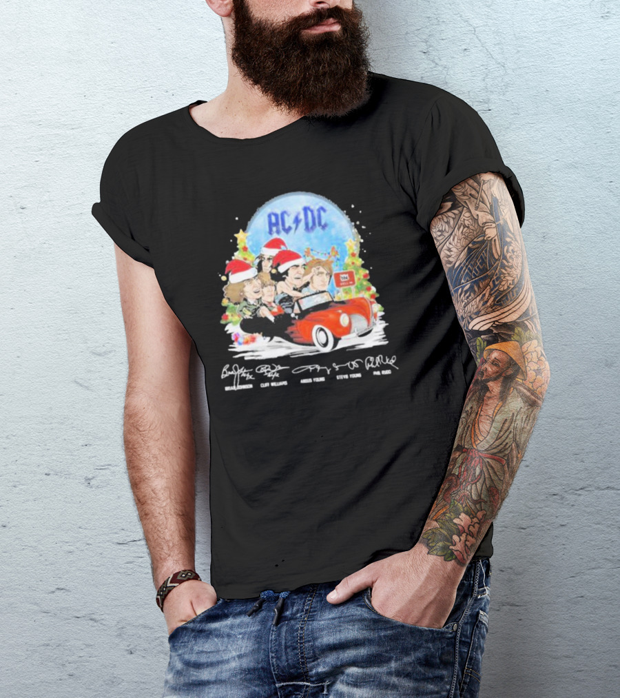 ACDC Band Members In Santa Hats Merry Christmas Signatures On Car With Highway To Hell Sign T-Shirt