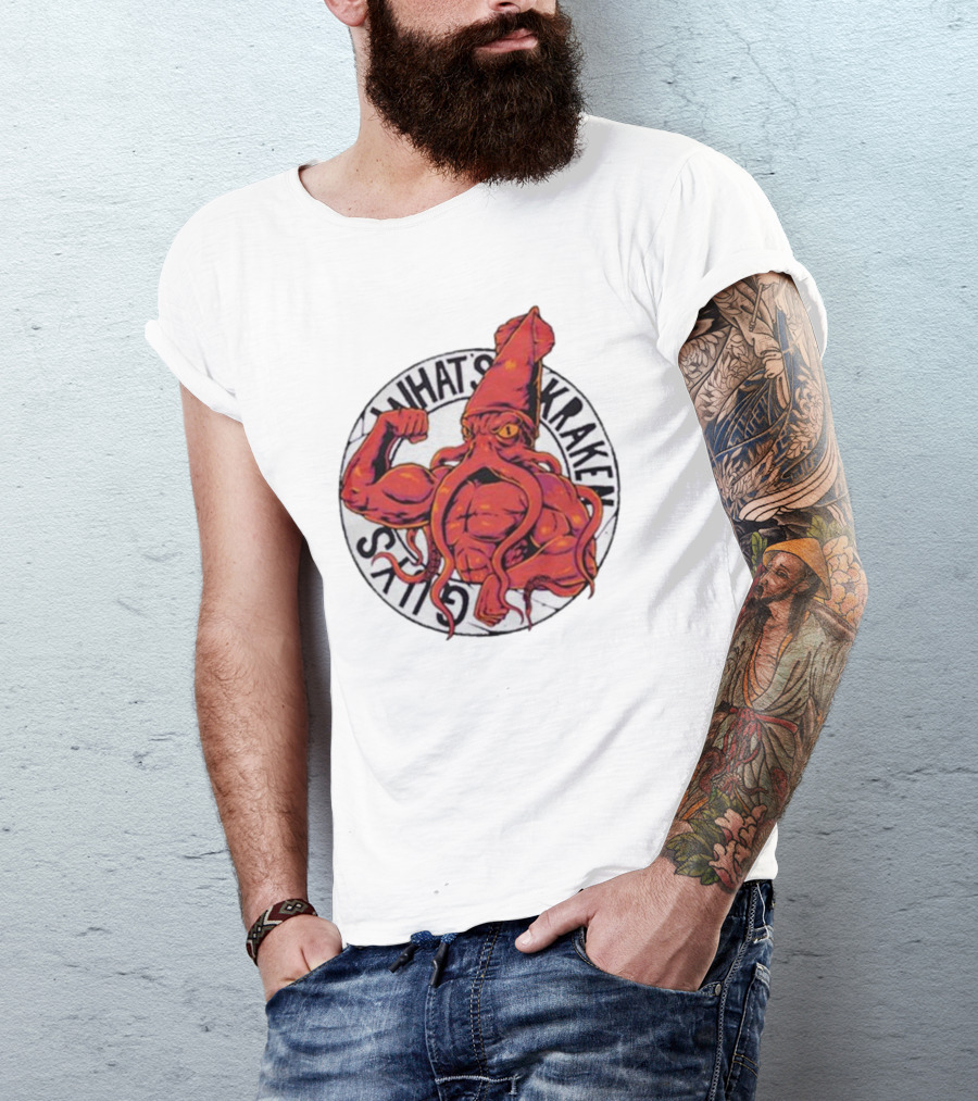 What’s Kraken Guys Sea Muscular Squid Circle T-Shirt