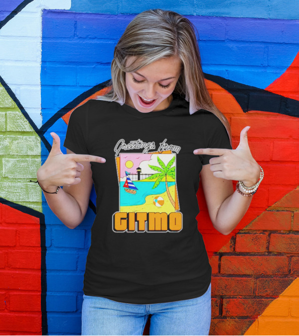 Greetings From Gitmo Beach Paradise With Sailboat And Palm Tree T-Shirt