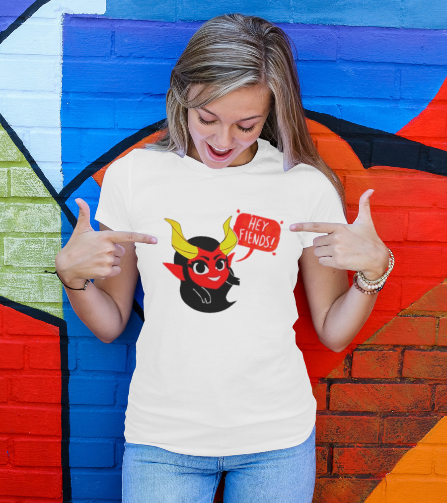 Ginnydi Hey Fiends Demon Cartoon Character With Red Face Yellow Horns And Black Hair T-Shirt