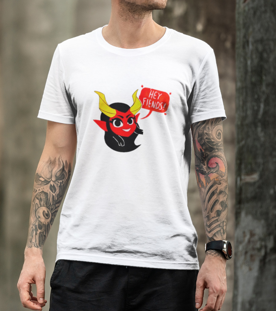 Ginnydi Hey Fiends Demon Cartoon Character With Red Face Yellow Horns And Black Hair T-Shirt