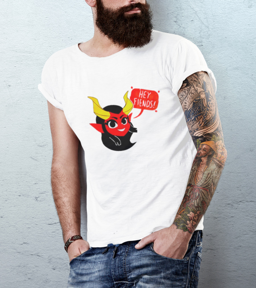 Ginnydi Hey Fiends Demon Cartoon Character With Red Face Yellow Horns And Black Hair T-Shirt